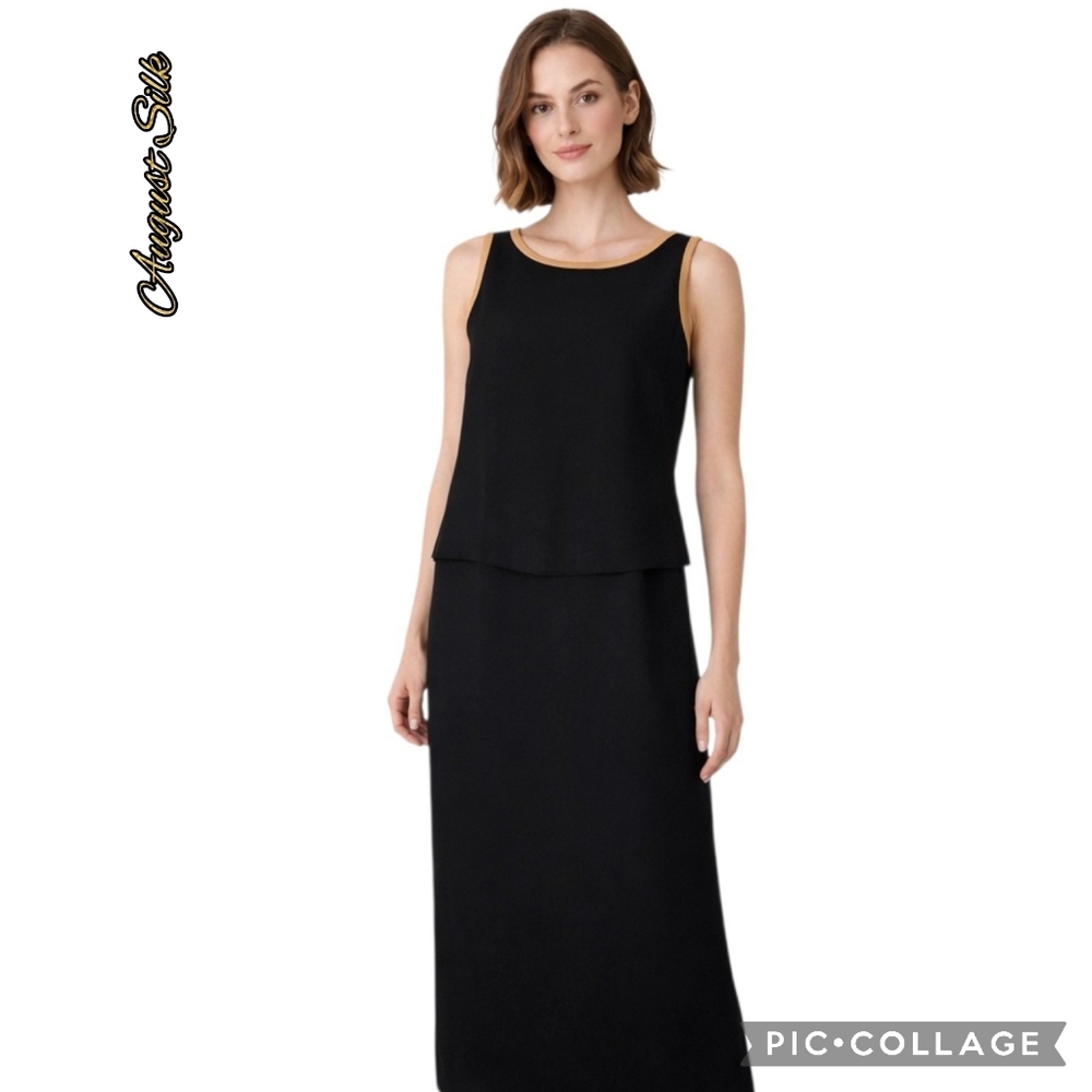 August Silk dress evening formal party black w gold trim maxi sleeveless sz 12